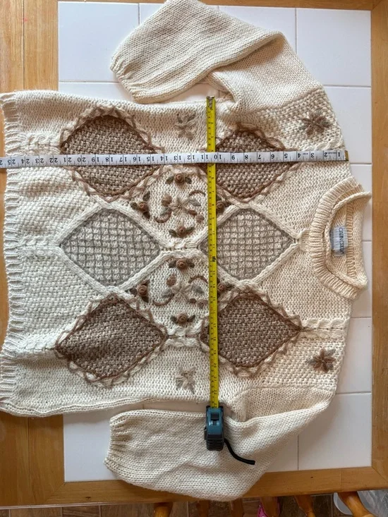 Vintage 90s Sz Lg Cottagecore Grandma Knit Chunky Neutral Sweater Patchwork Tan - Picture 15 of 16
